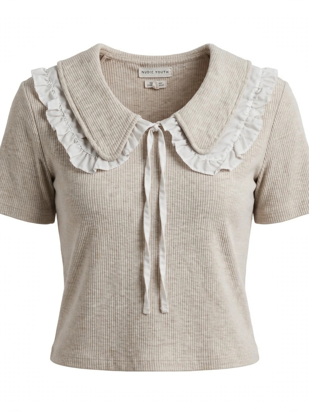 NATIVE YOUTH Beige Ribbed Ruffle Collar Tie Front Top Size M